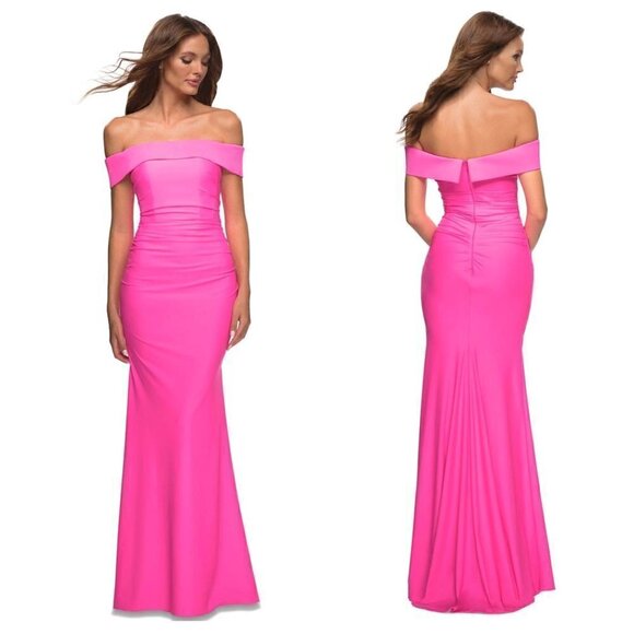 LA FEMME Draped Off Shoulder Gown in Hot Pink Size US 8 - Picture 1 of 8